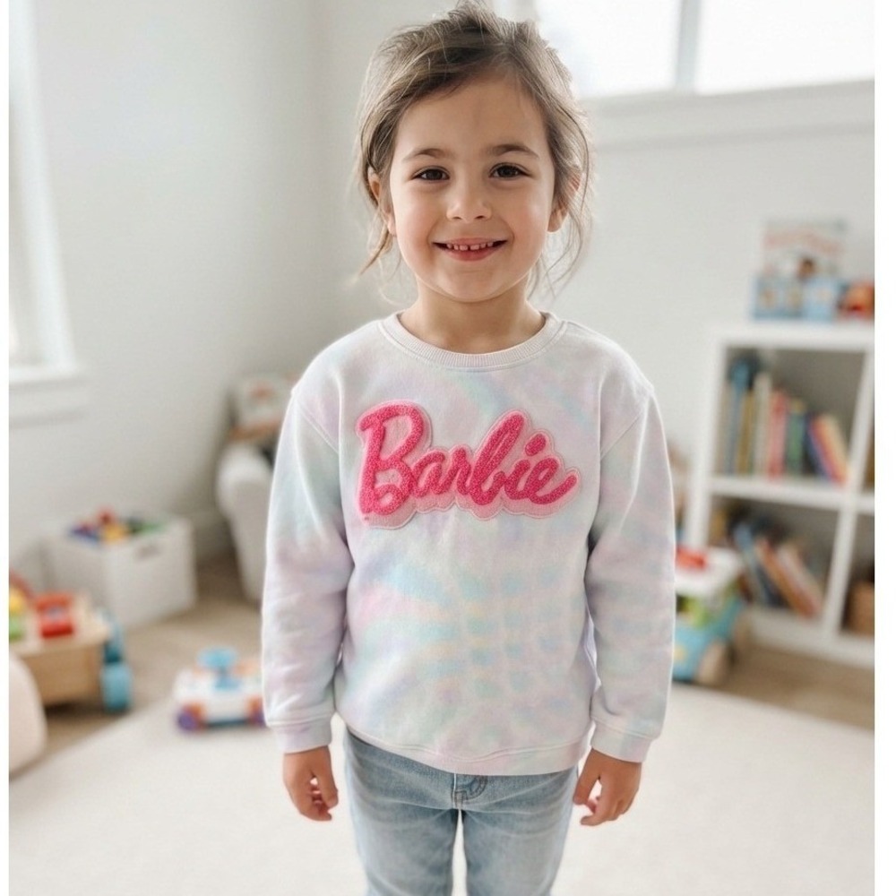 Wrangler X Barbie Pink Chenille Logo Chest & Back Relaxed Fit Sweatshirt Youth M